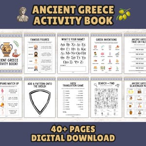 Libro di attività stampabile sull'antica Grecia per bambini: giochi di storia, puzzle e pagine da colorare (download immediato)