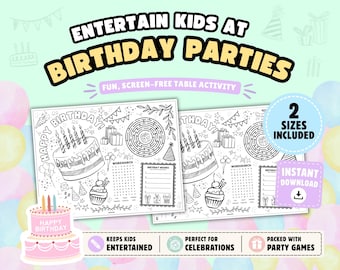 Jogo americano de atividades de aniversário para crianças: Página para colorir imprimível e atividade divertida para a mesa (Download instantâneo)