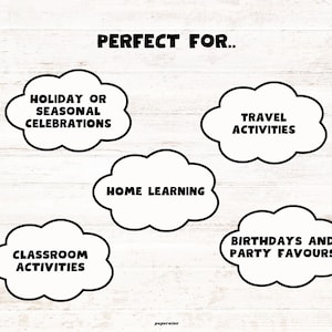 Pu&ograve; includere: Una grafica bianca con il testo PERFECT FOR.. sopra cinque nuvole con contorno nero contenenti il testo: HOLIDAY OR SEASONAL CELEBRATIONS, TRAVEL ACTIVITIES, HOME LEARNING, CLASSROOM ACTIVITIES e BIRTHDAYS AND PARTY FAVOURS, con papernine in basso.