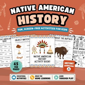 Può includere: Un libro di attività digitale intitolato Native American History con 45 pagine di contenuti educativi per bambini. Il set include un quiz, giochi di abbinamento, un diagramma anatomico di un bisonte e pagine da colorare con copricapi e tepee.