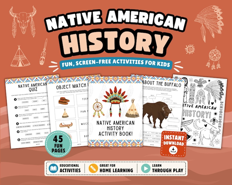 Pu&ograve; includere: Un libro di attivit&agrave; digitale intitolato Native American History con 45 pagine di contenuti educativi per bambini. Il set include un quiz, giochi di abbinamento, un diagramma anatomico di un bisonte e pagine da colorare con copricapi e tepee.
