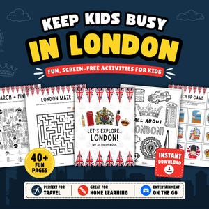 Libro de actividades imprimible de Londres para niños: Juegos de viaje, rompecabezas y páginas para colorear (descarga instantánea)