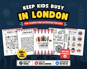 Libro di attività stampabile di Londra per bambini: giochi di viaggio, puzzle e pagine da colorare (download immediato)