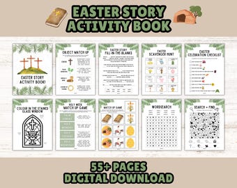イースターストーリーの子供向け印刷可能アクティビティブック：キリスト教の祝日ゲーム、パズル、塗り絵（すぐにダウンロード可能）