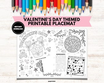 Valentine's Day Printable Placemat Colouring Sheet Holiday Childrens Activity Table Mat Party Games Kids Coloring Page Fun Instant Download