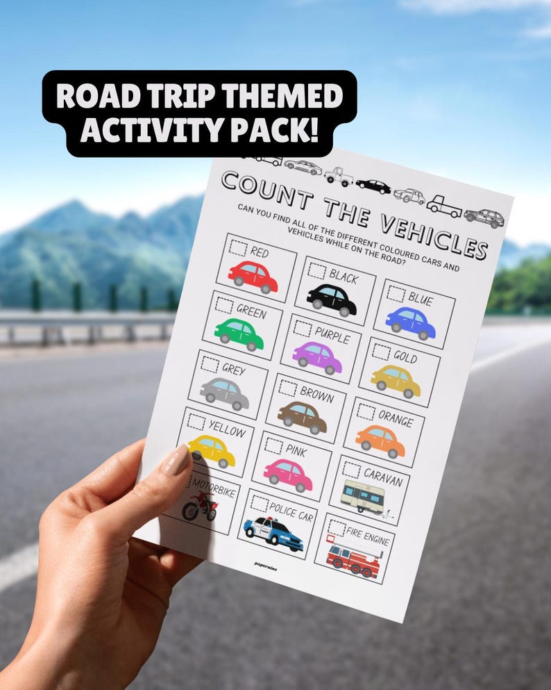 Road trip-themed printable count the vehicles game for children.
