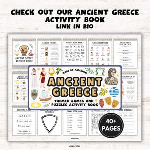 May include: An Ancient Greece themed activity book with various games and puzzles. The cover features the title "Ancient Greece" with illustrations of Greek figures, a ship, and the Greek flag. The book includes over 40 pages of activities.