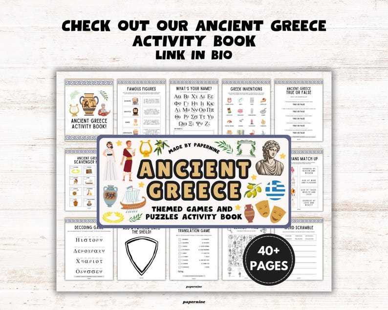 May include: An Ancient Greece themed activity book with various games and puzzles. The cover features the title "Ancient Greece" with illustrations of Greek figures, a ship, and the Greek flag. The book includes over 40 pages of activities.