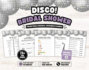 May include: A collection of printable bridal shower game sheets featuring a disco ball theme. The text reads DISCO! BRIDAL SHOWER, PRINTABLE BRIDAL SHOWER GAMES, THIS OR THAT?, TEAM ONE MOVIE CHARADES, WEDDING EMOJI GAME, WEDDING DJ REQUESTS, and NEVER HAS THE BRIDE EVER.