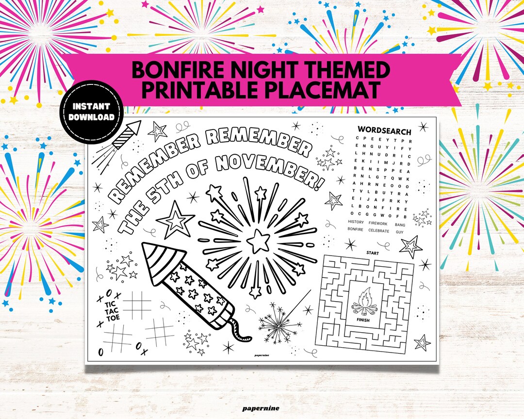 Bonfire Night Printable Placemat Colouring Sheet, Guy Fawkes 5th ...