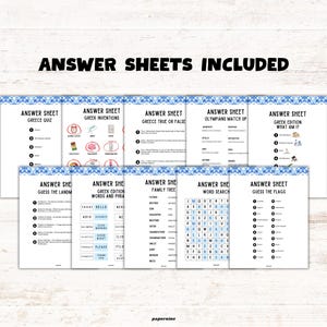 May include: A stack of white answer sheets with blue decorative borders and black text. The sheets include quizzes on Greek inventions, true or false questions, and word searches. The text "ANSWER SHEETS INCLUDED" is at the top.