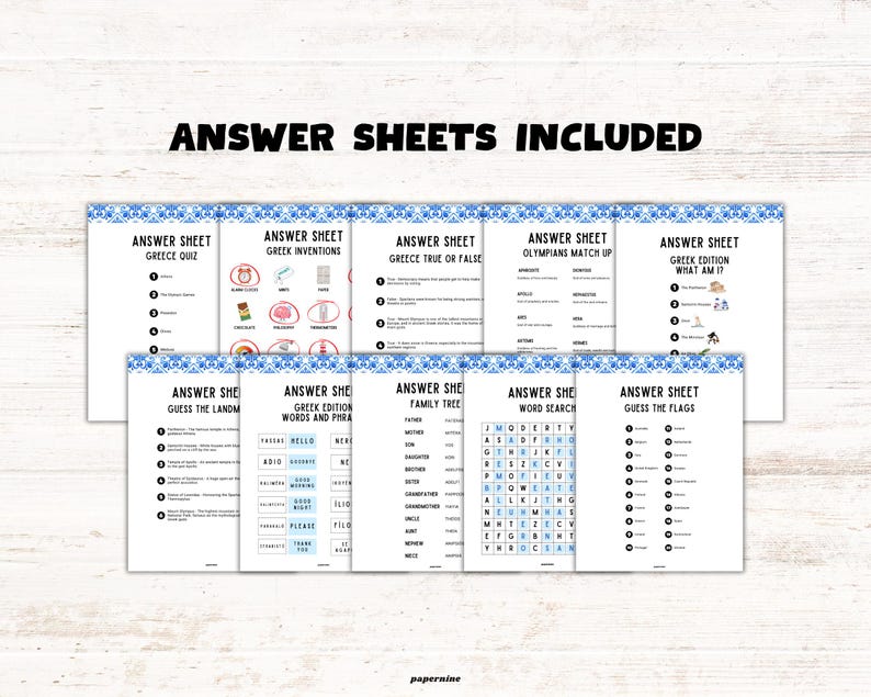 May include: A stack of white answer sheets with blue decorative borders and black text. The sheets include quizzes on Greek inventions, true or false questions, and word searches. The text "ANSWER SHEETS INCLUDED" is at the top.