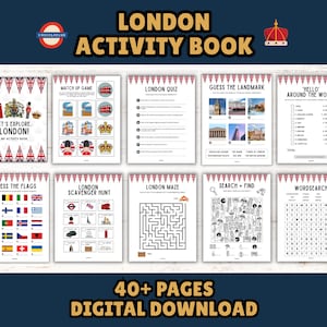 Libro de actividades imprimible de Londres para niños: Juegos de viaje, rompecabezas y páginas para colorear (descarga instantánea)