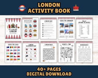 Libro di attività stampabile di Londra per bambini: giochi di viaggio, puzzle e pagine da colorare (download immediato)