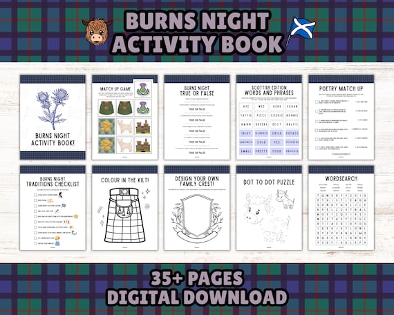 Burns Night Printable Activity Book For Kids: Scottish Games, Puzzles and Coloring Pages (Instant Download)