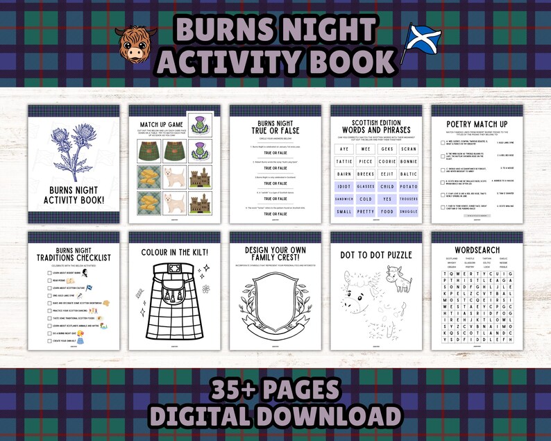 Burns Night Printable Activity Book For Kids: Scottish Games, Puzzles and Coloring Pages (Instant Download) image 1