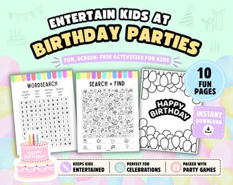 Livro de atividades imprimível de aniversário para crianças: jogos de festa, quebra-cabeças e páginas para colorir (download instantâneo)