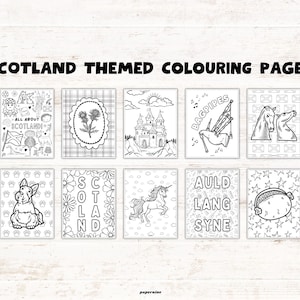 May include: A set of Scotland-themed colouring pages with various illustrations. The designs include a thistle, a castle, bagpipes, and a unicorn. The text "SCOTLAND THEMED COLOURING PAGES" is displayed at the top. The words "Auld Lang Syne" are also visible.