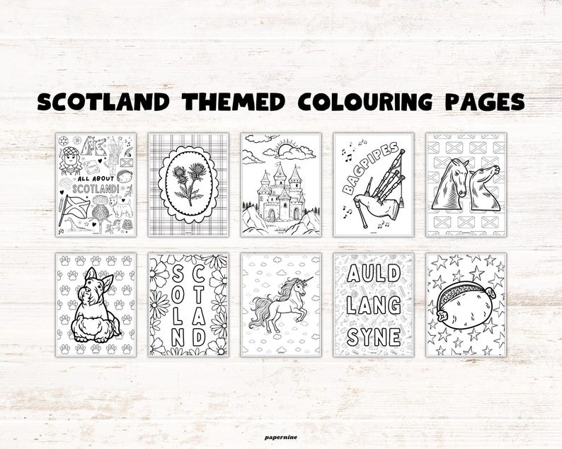 May include: A set of Scotland-themed colouring pages with various illustrations. The designs include a thistle, a castle, bagpipes, and a unicorn. The text "SCOTLAND THEMED COLOURING PAGES" is displayed at the top. The words "Auld Lang Syne" are also visible.