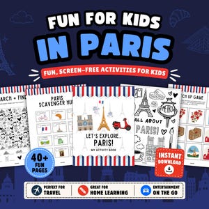 Paris-Aktivitätsbuch zum Ausdrucken für Kinder: Reisespiele, Rätsel & Malvorlagen (Sofort-Download)
