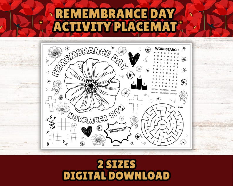 Remembrance Day Activity Placemat for Kids: Printable Coloring Page ...
