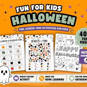 May include: A digital activity book titled Fun for Kids Halloween featuring 40+ fun pages of screen-free activities. The set includes a Halloween scavenger hunt, a search and find game, and a Happy Halloween coloring page with spooky illustrations.