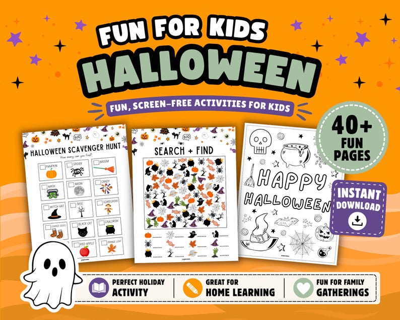 May include: A digital activity book titled Fun for Kids Halloween featuring 40+ fun pages of screen-free activities. The set includes a Halloween scavenger hunt, a search and find game, and a Happy Halloween coloring page with spooky illustrations.