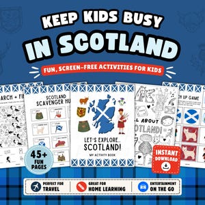 Libro di attività stampabile sulla Scozia per bambini: giochi di viaggio, puzzle e pagine da colorare (download immediato)