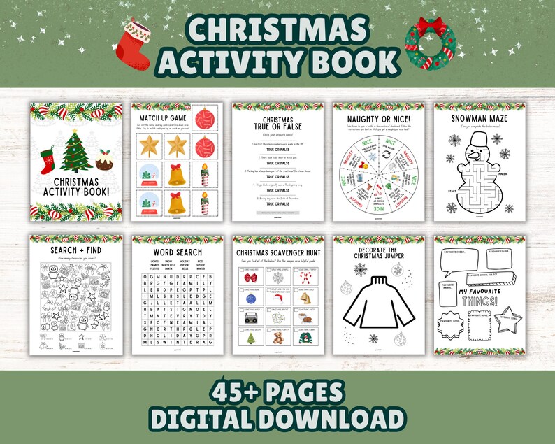 Christmas Printable Activity Book for Kids: Holiday Games, Puzzles & Coloring Pages (Instant Download) image 1