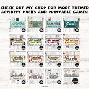 Pu&ograve; includere: Una collezione di pacchetti di attivit&agrave; stampabili con temi come aereo, campeggio, viaggio su strada, crociera, Londra, New York, Parigi, Germania, Egitto, Roma, Grecia, Far West e matrimonio. Testo: CHECK OUT MY SHOP FOR MORE THEMED ACTIVITY PACKS AND PRINTABLE GAMES!