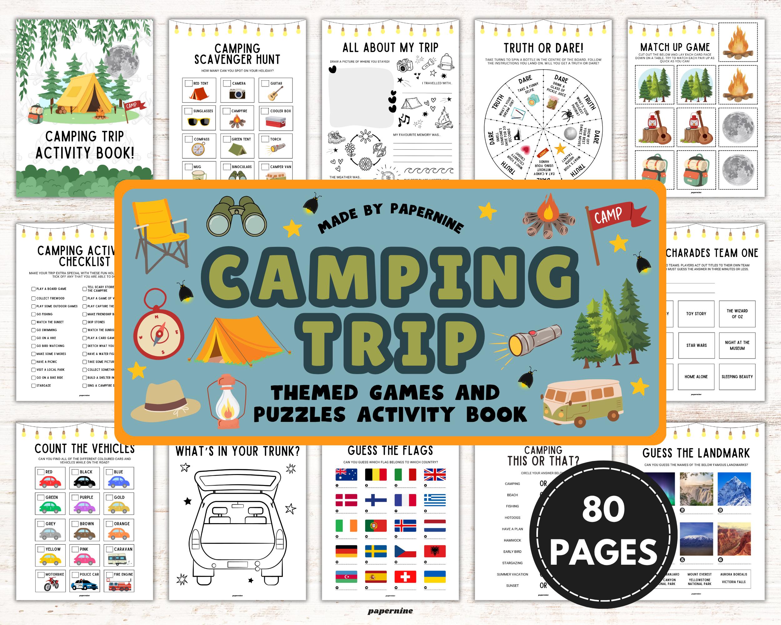 Camping Activity Book for Kids: Games, Puzzles, Coloring Pages (Instant Download)