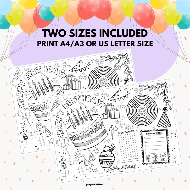 Birthday Printable Placemat Colouring Sheet Happy Birthday Etsy