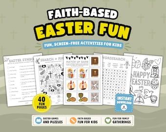 Puede incluir: Una colección de hojas de actividades imprimibles titulada Faith-Based Easter Fun, que incluye juegos como sopas de letras, juegos de emparejar y páginas para colorear con símbolos religiosos, cruces y palomas, con un total de 40 páginas.