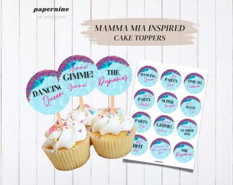 Decorazioni per torte stampabili ispirate a MAMMA MIA, decorazioni per feste stampabili digitali, design Mamma Mia, toppers per torte per feste di addio al nubilato