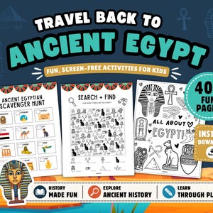 Puede incluir: Imagen promocional de un conjunto de actividades para niños con el tema del Antiguo Egipto. La imagen presenta tres páginas de actividades, incluyendo una búsqueda del tesoro y un juego de buscar y encontrar, con las palabras "40+ páginas divertidas" y "Descarga instantánea."