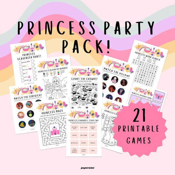 21 Page Princess Themed Printable Activity Bundle Pack Mermaid Party Games Coloring Pages Party Favours Activity Pack Instant Download