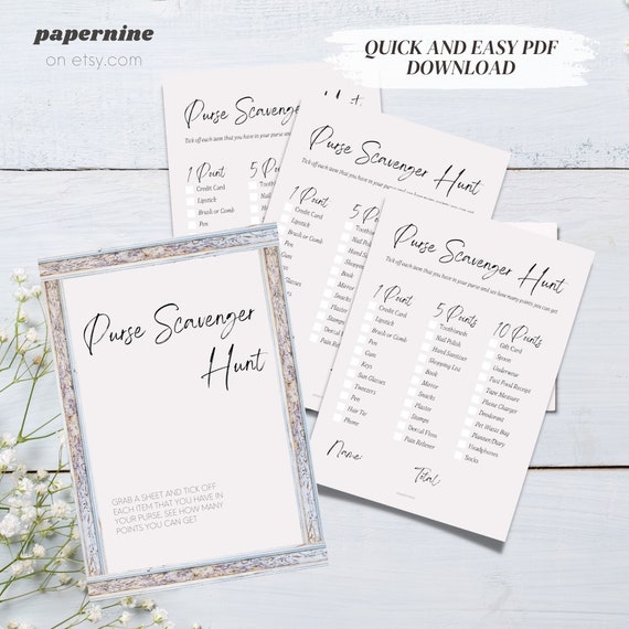 Purse Scavenger Hunt Printable Bridal Shower Game Wedding - Etsy