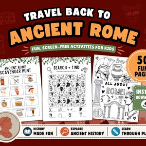 Może przedstawiać: Zestaw drukowanych stron z aktywnościami z tekstem "Travel Back to Ancient Rome". Zawiera poszukiwanie skarbów, wyszukiwanie i znajdowanie oraz kolorowanki. Zawiera tekst "50 Fun Pages" i "Instant Download".