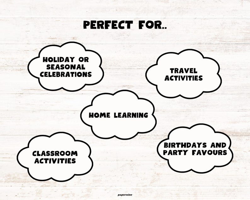 Image explaining that this pack is perfect for all kinds of different celebrations and events such as home learning, holiday or seasonal celebrations, travel activities, classroom activities and birthdays and party favours.