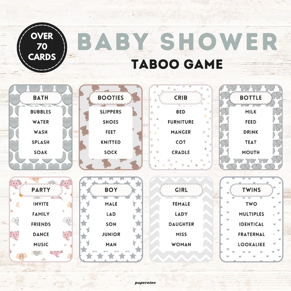 Babyborrel Taboe Raad mijn woordspel | Afdrukbare babyshoweractiviteiten | Woord charades | Verboden Woorden Spel | Geslachtsneutrale jongen of meisje