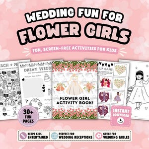 May include: A digital activity book titled Wedding Fun for Flower Girls featuring 30+ pages of black and white illustrations including search and find games, drawing prompts, matching games, and coloring pages with wedding-themed graphics.