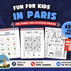 Może przedstawiać: Cyfrowe pobieranie "Fun for Kids in Paris" z kartami aktywności. Obraz zawiera polowanie na śmieci, wyszukiwanie i znajdowanie oraz kolorowanki. Projekt zawiera Wieżę Eiffla, rogalik i tekst "Natychmiastowe pobieranie".