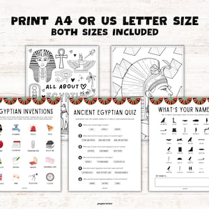 Image shows more examples of the printable Ancient Egypt-themed activity pages such as colouring pages, decoding games and quizzes. Print A4 or US letter size, both sizes included.