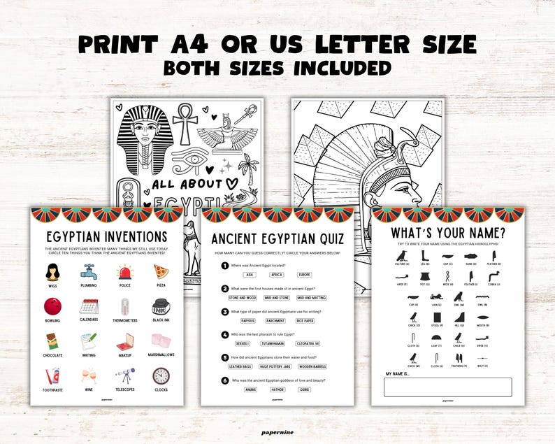 Image shows more examples of the printable Ancient Egypt-themed activity pages such as colouring pages, decoding games and quizzes. Print A4 or US letter size, both sizes included.