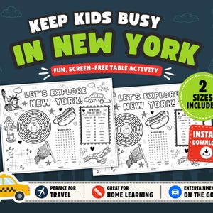 Può includere: Un'attività da tavolo divertente e senza schermo per bambini. L'immagine presenta due fogli di attività in bianco e nero con labirinti, cruciverba e illustrazioni a tema New York City. Il testo recita "Keep Kids Busy in New York!"