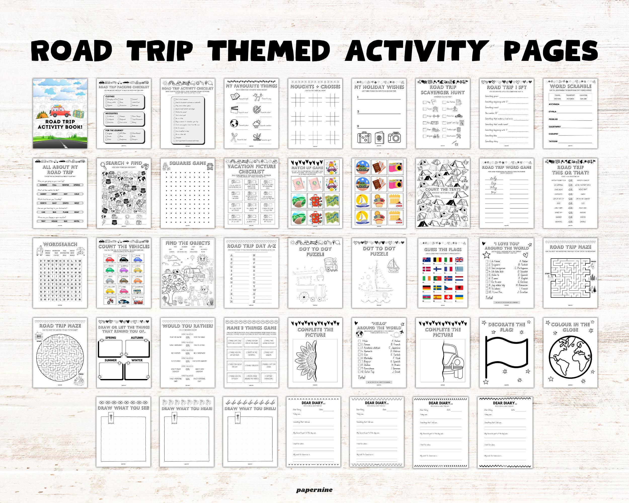 Road Trip Printable Activity Book for Kids: Travel Games, Puzzles ...