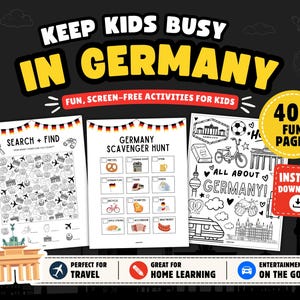 Libro di attività stampabile sulla Germania per bambini: giochi di viaggio, puzzle e pagine da colorare (download immediato)