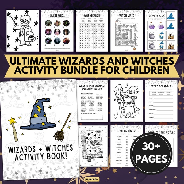 Ultimate Wizards and Witches Themed Printable Activity Bundle Pack For Children 30+ Page Party Games Coloring Magic Birthday Harry Potter