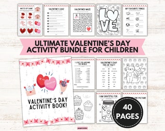 Ultimate Valentine's Day Activity Bundle Pack For Children 40 Pages Party Games Kids Coloring Instant Download Holiday Cupid Saint Love Day