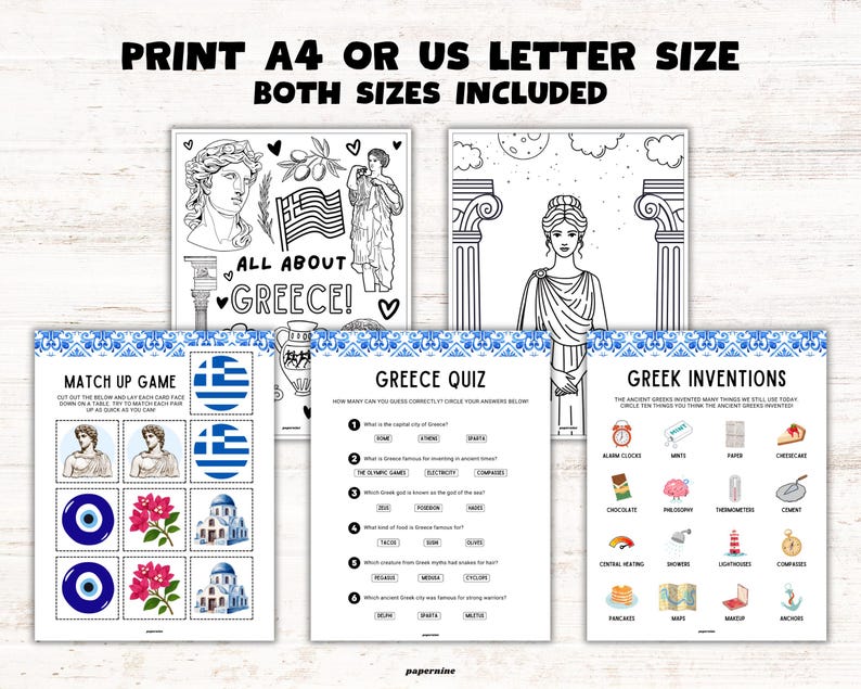 May include: A collection of printable educational worksheets about Greece. Includes a coloring page, a quiz, a matching game, and a list of Greek inventions. The text "PRINT A4 OR US LETTER SIZE BOTH SIZES INCLUDED" is at the top.